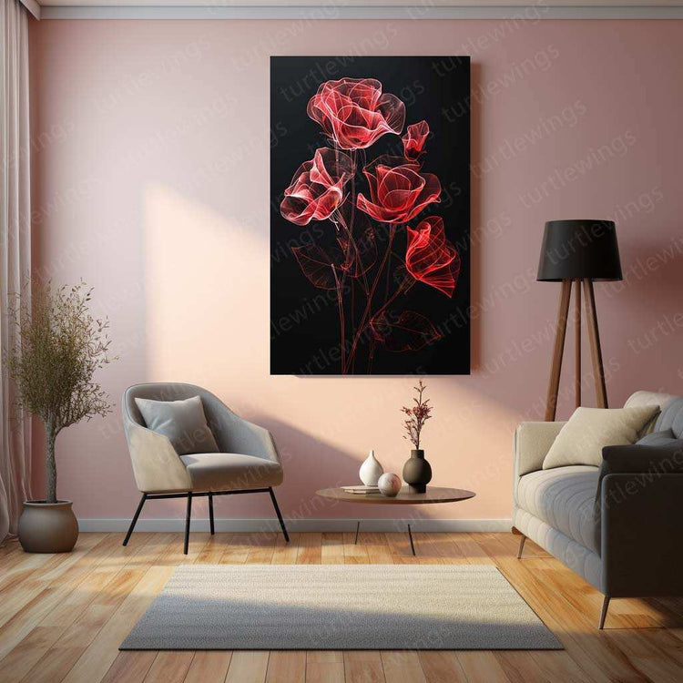 Red Roses Line Art on Black Background – Elegant Metal Poster - TURTLEWINGS 