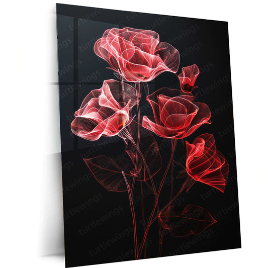 Red Roses Line Art on Black Background – Elegant Metal Poster - TURTLEWINGS 