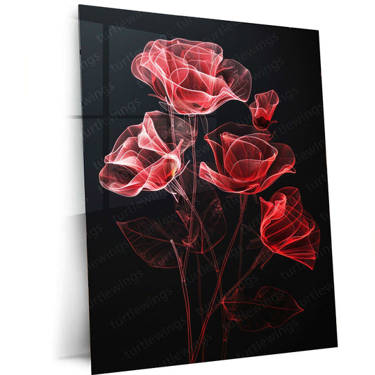 Red Roses Line Art on Black Background – Elegant Metal Poster - TURTLEWINGS 