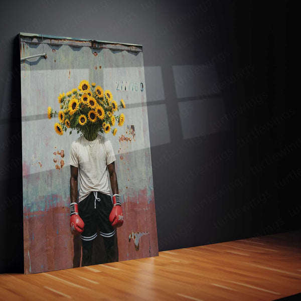 Sunflower Boxer Surreal Metal Poster | Floral Fighter Aesthetic Wall Art | Contemporary Artistic Metal Print