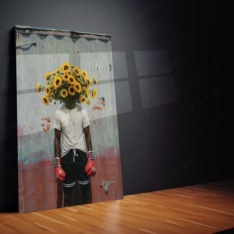 Sunflower Boxer Surreal Metal Poster | Floral Fighter Aesthetic Wall Art | Contemporary Artistic Metal Print