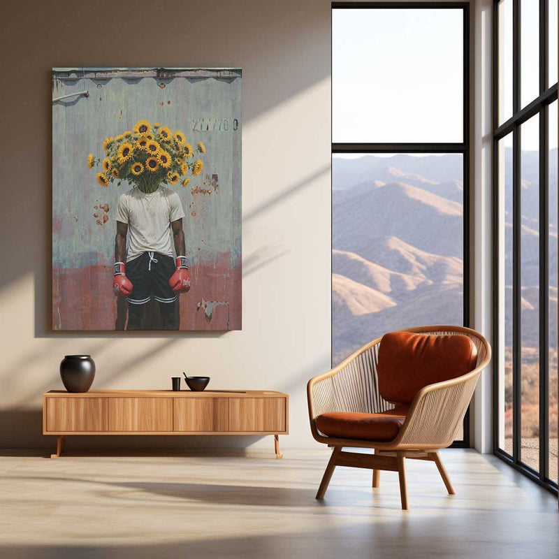 Sunflower Boxer Surreal Metal Poster | Floral Fighter Aesthetic Wall Art | Contemporary Artistic Metal Print