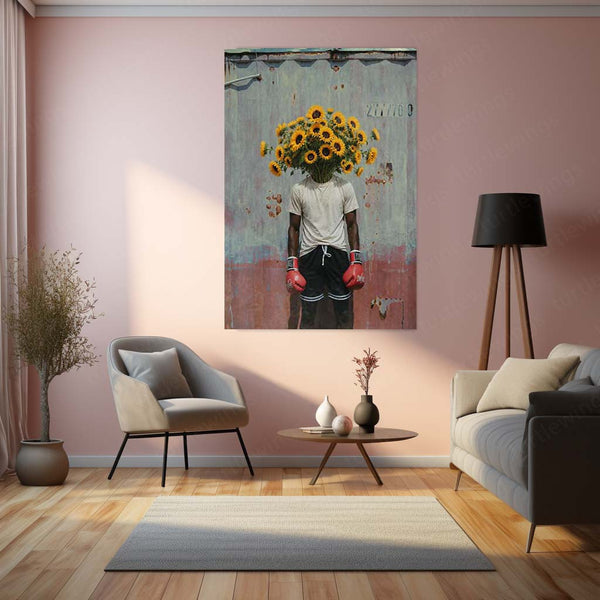Sunflower Boxer Surreal Metal Poster | Floral Fighter Aesthetic Wall Art | Contemporary Artistic Metal Print