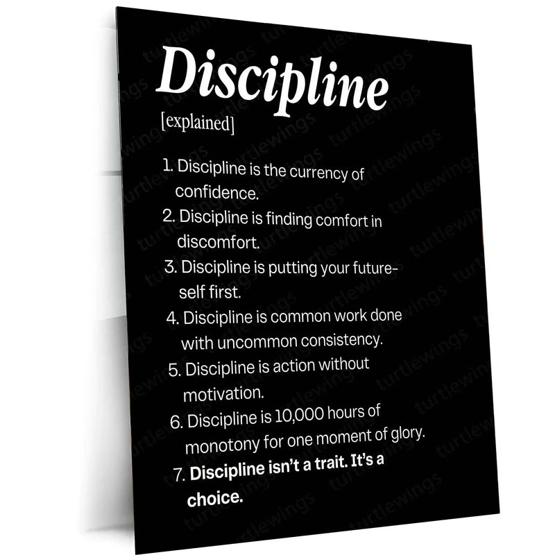 Quote Metal Poster | Discipline Explained – Consistency & Success Mindset Wall Art | Motivational Self-Discipline Metal Frame - TURTLEWINGS 