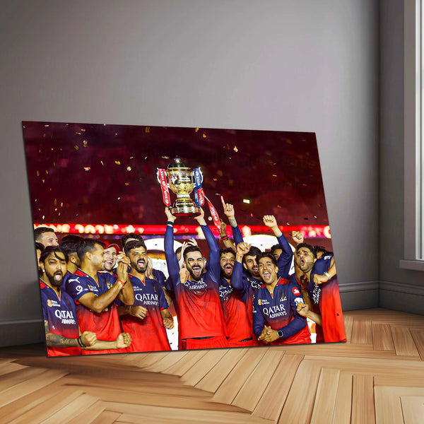 Cricket Metal Poster |🏆 RCB Wins IPL Trophy 2025 – Champion Celebration Metal Poster | Virat Kohli Led Victory Wall Art 02