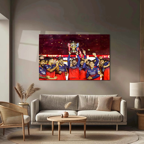 Cricket Metal Poster |🏆 RCB Wins IPL Trophy 2025 – Champion Celebration Metal Poster | Virat Kohli Led Victory Wall Art 02