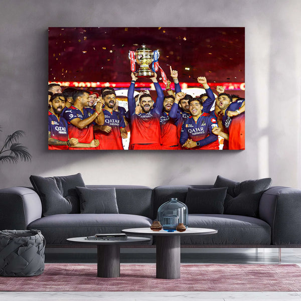 Cricket Metal Poster |🏆 RCB Wins IPL Trophy 2025 – Champion Celebration Metal Poster | Virat Kohli Led Victory Wall Art 02