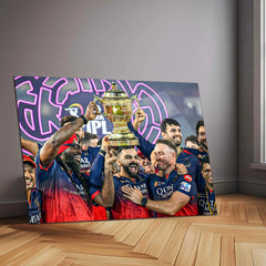 Cricket Metal Poster |🏆 RCB Wins IPL Trophy 2025 – Champion Celebration Metal Poster | Virat Kohli Led Victory Wall Art 01