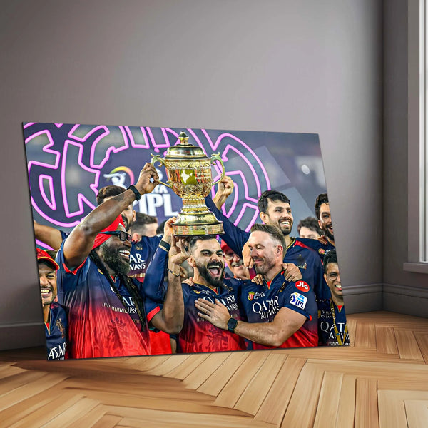 Cricket Metal Poster |🏆 RCB Wins IPL Trophy 2025 – Champion Celebration Metal Poster | Virat Kohli Led Victory Wall Art 01