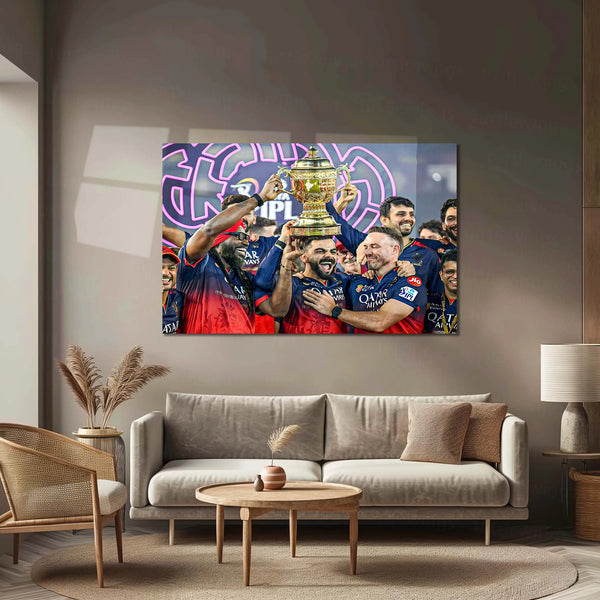 Cricket Metal Poster |🏆 RCB Wins IPL Trophy 2025 – Champion Celebration Metal Poster | Virat Kohli Led Victory Wall Art 01