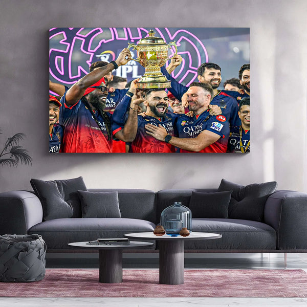 Cricket Metal Poster |🏆 RCB Wins IPL Trophy 2025 – Champion Celebration Metal Poster | Virat Kohli Led Victory Wall Art 01