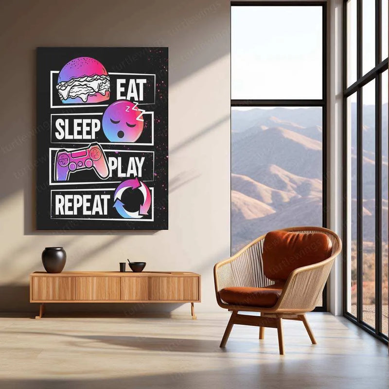 Eat Sleep Play Repeat Metal Poster | Gaming Room Wall Art | Gamer Lifestyle Decor - TURTLEWINGS 