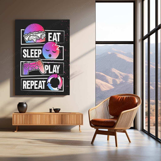 Eat Sleep Play Repeat Metal Poster | Gaming Room Wall Art | Gamer Lifestyle Decor - TURTLEWINGS 