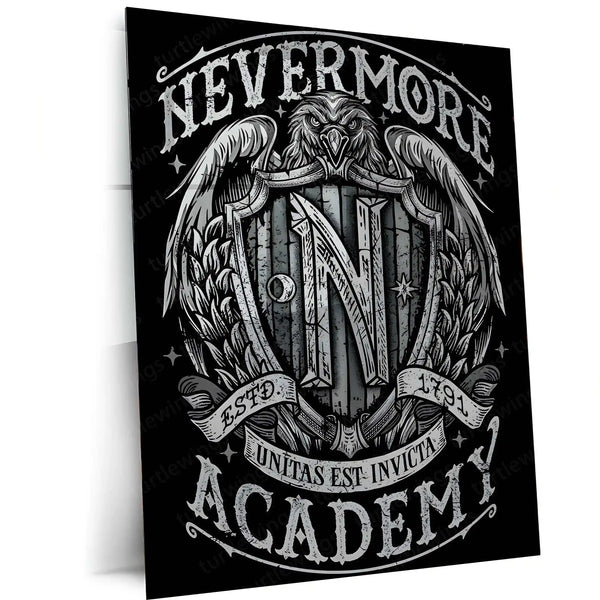 Movies & Series Metal Poster | Nevermore Academy – Gothic Crest of Shadows | Wednesday-Inspired Metal Frame Poster