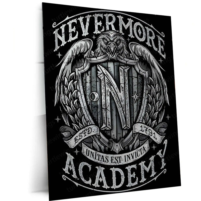 Movies & Series Metal Poster | Nevermore Academy – Gothic Crest of Shadows | Wednesday-Inspired Metal Frame Poster