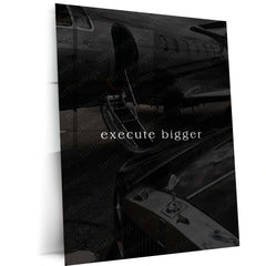 Quote Metal Poster | Execute Bigger Motivational Metal Poster | Private Jet & Luxury Car Success Mindset Wall Art | Dark