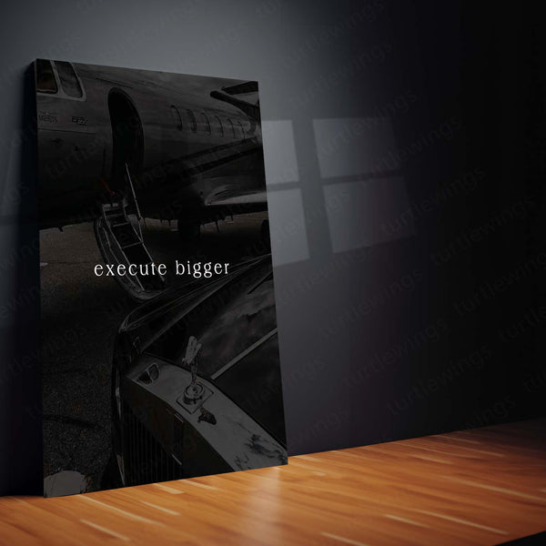 Quote Metal Poster | Execute Bigger Motivational Metal Poster | Private Jet & Luxury Car Success Mindset Wall Art | Dark