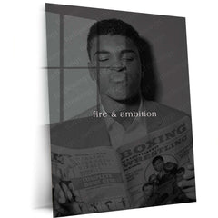 Quote Metal Poster | Muhammad Ali Fire & Ambition Motivational Metal Poster | Boxing Legend Mindset Wall Art | Black & White