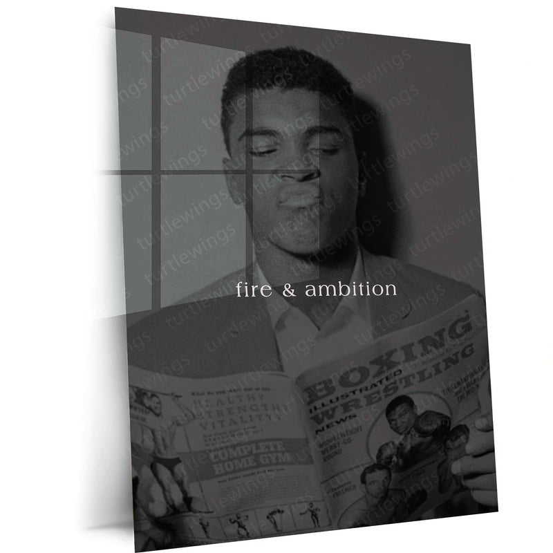 Quote Metal Poster | Muhammad Ali Fire & Ambition Motivational Metal Poster | Boxing Legend Mindset Wall Art | Black & White
