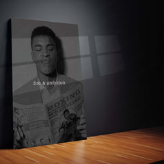 Quote Metal Poster | Muhammad Ali Fire & Ambition Motivational Metal Poster | Boxing Legend Mindset Wall Art | Black & White