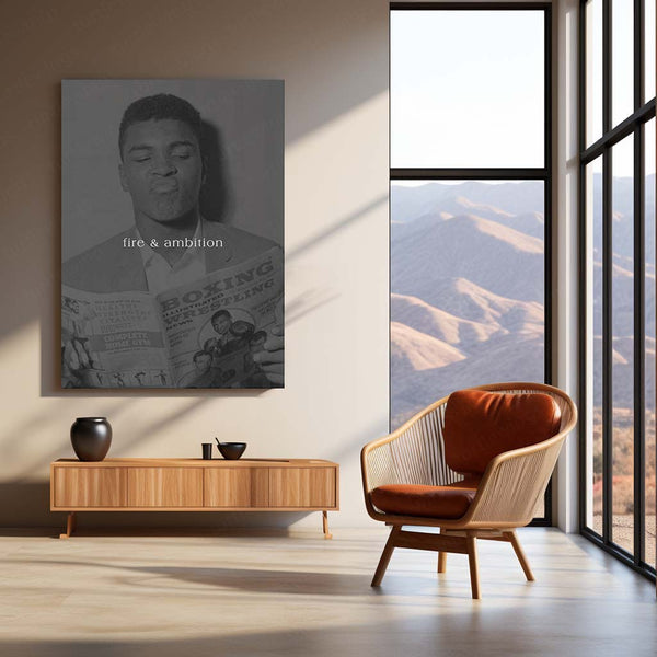 Quote Metal Poster | Muhammad Ali Fire & Ambition Motivational Metal Poster | Boxing Legend Mindset Wall Art | Black & White