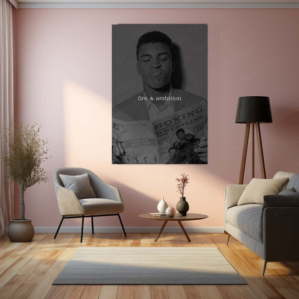 Quote Metal Poster | Muhammad Ali Fire & Ambition Motivational Metal Poster | Boxing Legend Mindset Wall Art | Black & White