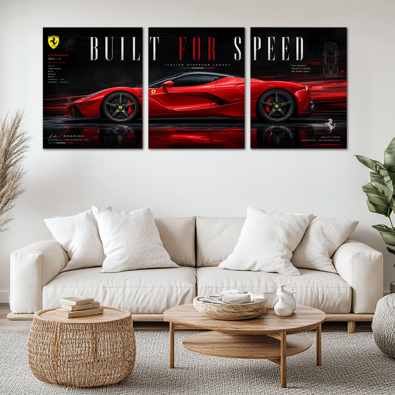 Car Metal Poster Set of 3 | Ferrari LaFerrari Built for Speed Triptych Wall Art