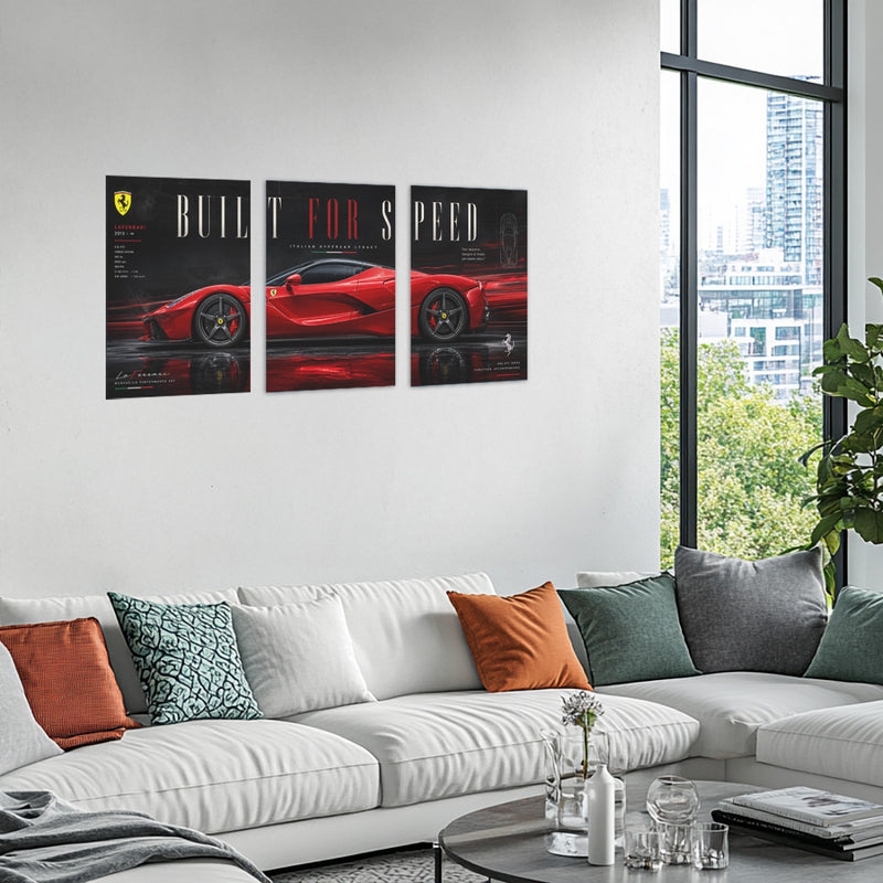 Car Metal Poster Set of 3 | Ferrari LaFerrari Built for Speed Triptych Wall Art