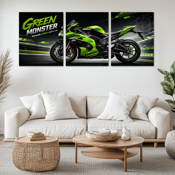 Bike Metal Poster Set of 3 | Kawasaki Ninja ZX-10R Green Monster Racing Triptych Wall Art