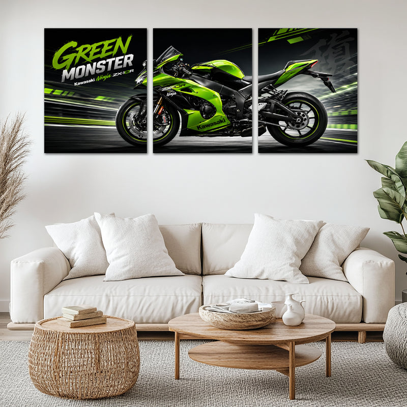 Bike Metal Poster Set of 3 | Kawasaki Ninja ZX-10R Green Monster Racing Triptych Wall Art