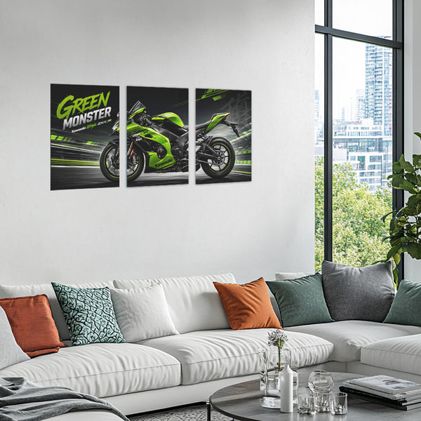 Bike Metal Poster Set of 3 | Kawasaki Ninja ZX-10R Green Monster Racing Triptych Wall Art