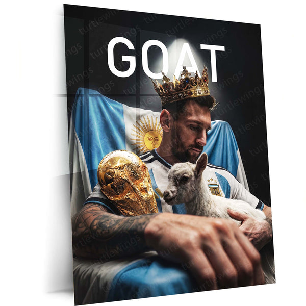 Messi GOAT Crown Metal Poster | World Champion Football Legend Wall Art | Premium Sports Metal Print