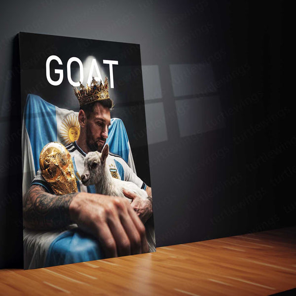 Messi GOAT Crown Metal Poster | World Champion Football Legend Wall Art | Premium Sports Metal Print