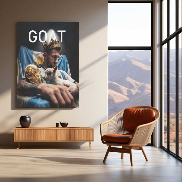 Messi GOAT Crown Metal Poster | World Champion Football Legend Wall Art | Premium Sports Metal Print