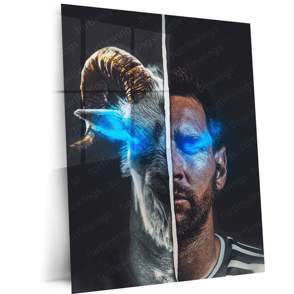 Lionel Messi GOAT Split Portrait Metal Poster | Legendary Football Wall Art