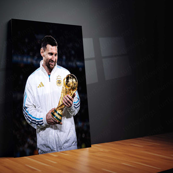 Messi World Cup Glory Metal Poster | Argentina Football Champion Wall Art | Premium Sports Metal Print