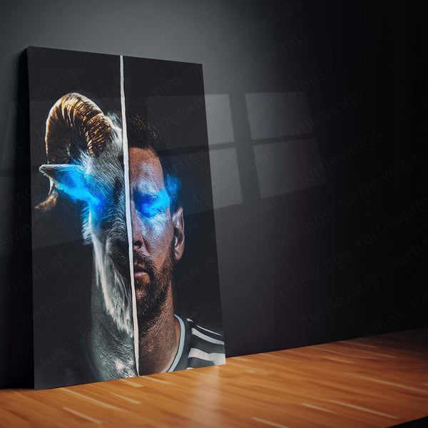 Lionel Messi GOAT Split Portrait Metal Poster | Legendary Football Wall Art