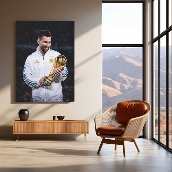 Messi World Cup Glory Metal Poster | Argentina Football Champion Wall Art | Premium Sports Metal Print