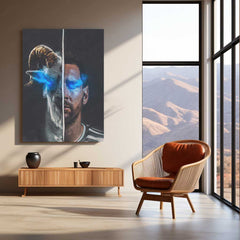 Lionel Messi GOAT Split Portrait Metal Poster | Legendary Football Wall Art
