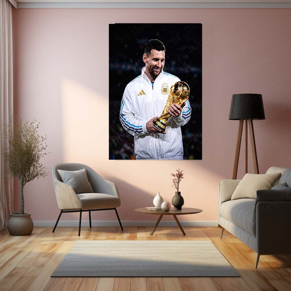 Messi World Cup Glory Metal Poster | Argentina Football Champion Wall Art | Premium Sports Metal Print