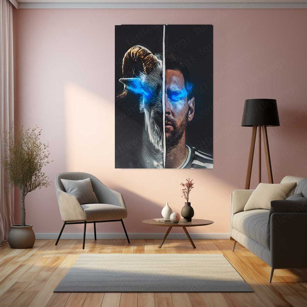 Lionel Messi GOAT Split Portrait Metal Poster | Legendary Football Wall Art
