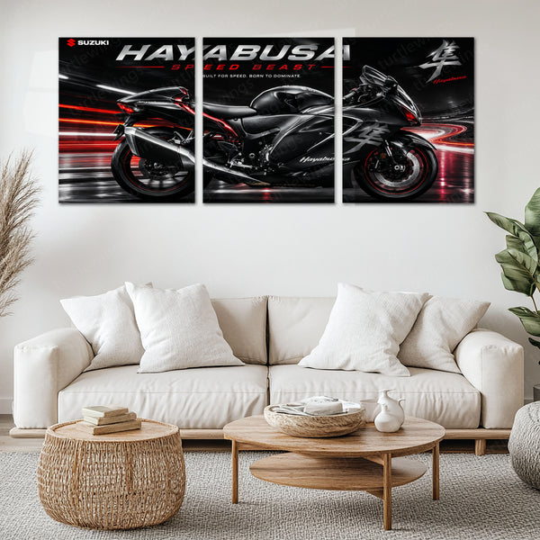 Bike Metal Poster Set of 3 | Suzuki Hayabusa Speed Beast Triptych Wall Art
