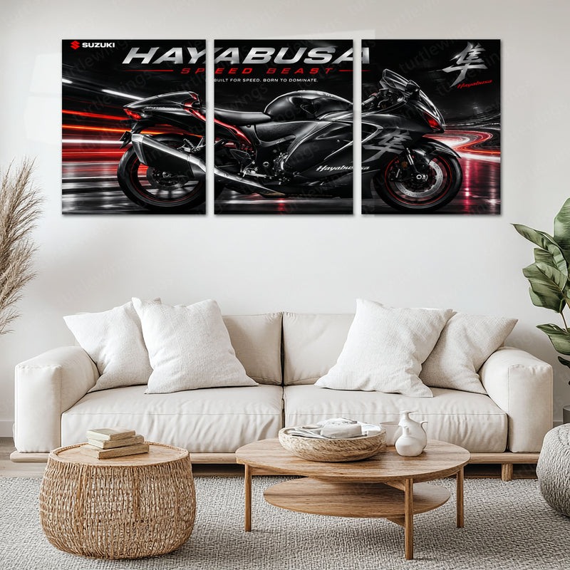 Bike Metal Poster Set of 3 | Suzuki Hayabusa Speed Beast Triptych Wall Art