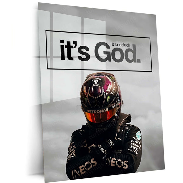 Quote Metal Poster | Lewis Hamilton – It’s Not Luck, It’s God Metal Frame Faith-Driven Champion Mindset Wall Art | Formula 1 Belief & Purpose Quote Metal Poster