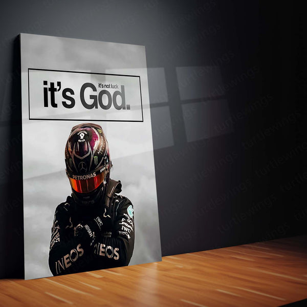 Quote Metal Poster | Lewis Hamilton – It’s Not Luck, It’s God Metal Frame Faith-Driven Champion Mindset Wall Art | Formula 1 Belief & Purpose Quote Metal Poster