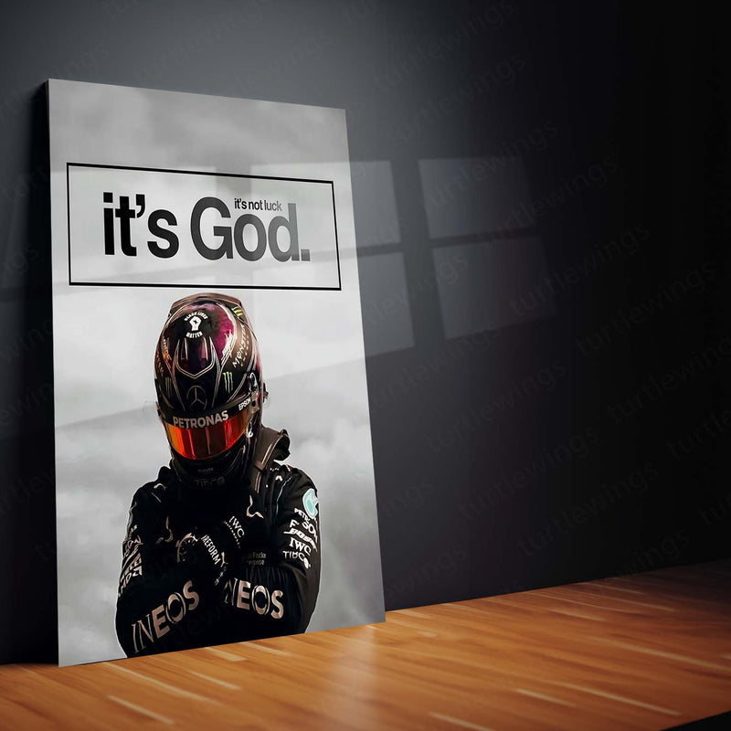 Quote Metal Poster | Lewis Hamilton – It’s Not Luck, It’s God Metal Frame Faith-Driven Champion Mindset Wall Art | Formula 1 Belief & Purpose Quote Metal Poster