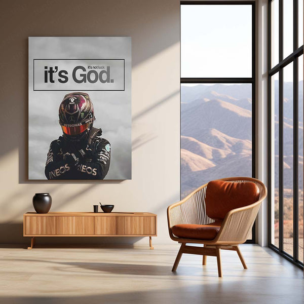 Quote Metal Poster | Lewis Hamilton – It’s Not Luck, It’s God Metal Frame Faith-Driven Champion Mindset Wall Art | Formula 1 Belief & Purpose Quote Metal Poster