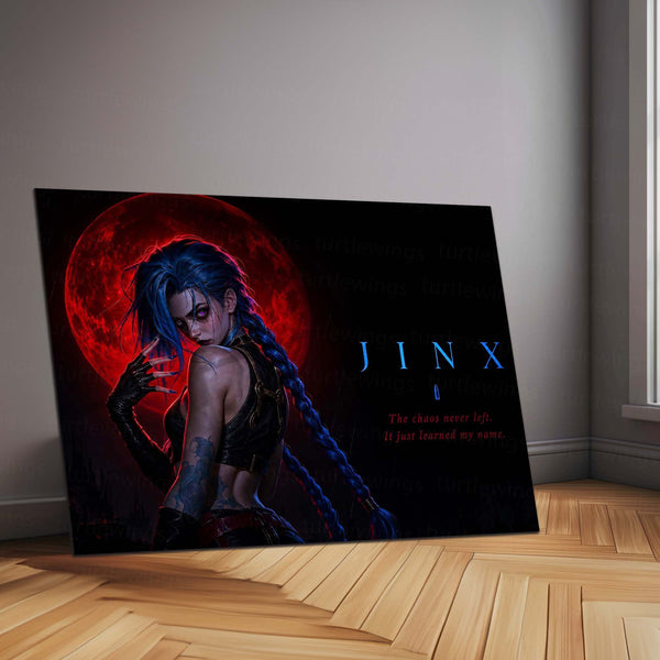 Game Metal Poster | Jinx – Chaos Never Left Metal Poster Gaming Character Wall Art | Dark Chaos Motivation Metal Frame