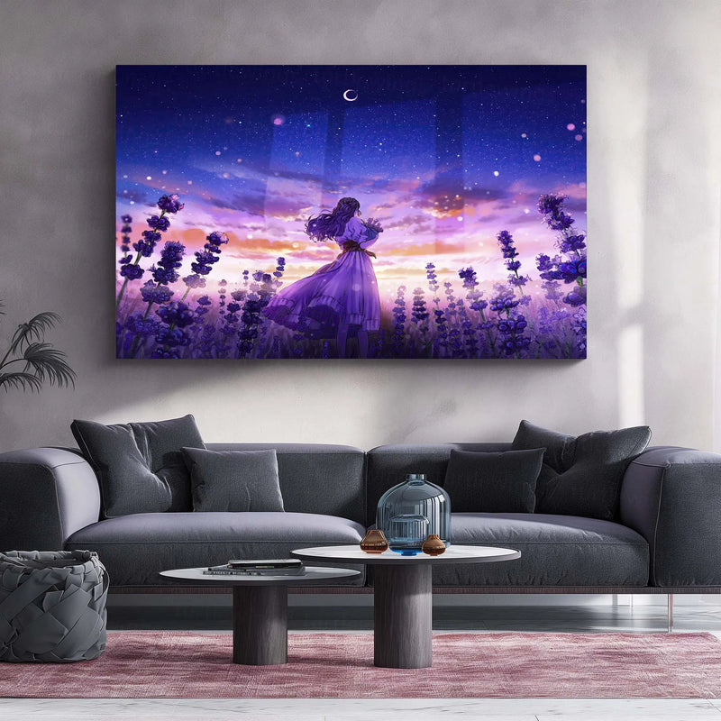 Lavender Field Dreams | Anime Girl Aesthetic Metal Frame | Serene Pastel Anime Wall Art - TURTLEWINGS 