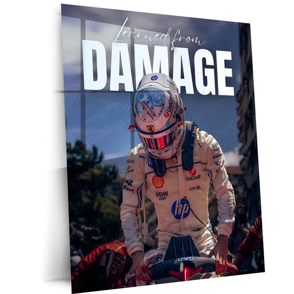 Quote Metal Poster | Charles Leclerc – Learned From Damage Metal Frame Resilience & Comeback Mindset Wall Art | Growth Through Failure Quote Metal Poster